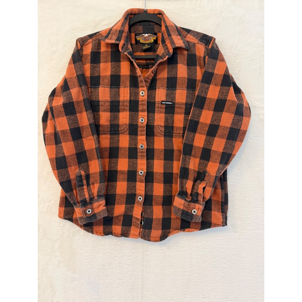 Harley-Davidson Flannel Shirt Womens Medium Orange Black Buffalo Plaid Cotton M